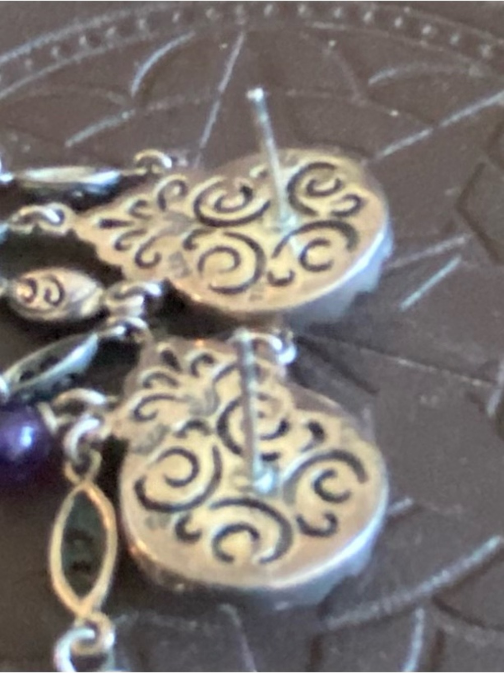Vintage Sterling Silver Filigree Earrings Mo Pearl Amethyst Drops Hallmarked - Picture 4 of 6